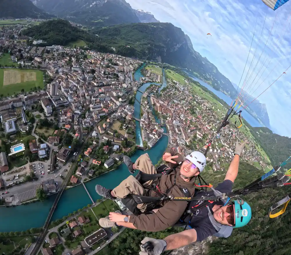 Interlaken, its river and the lake seen from above