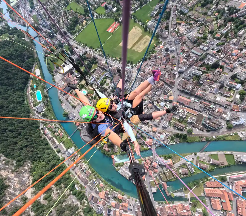 Looking straight down onto the town and its two rivers