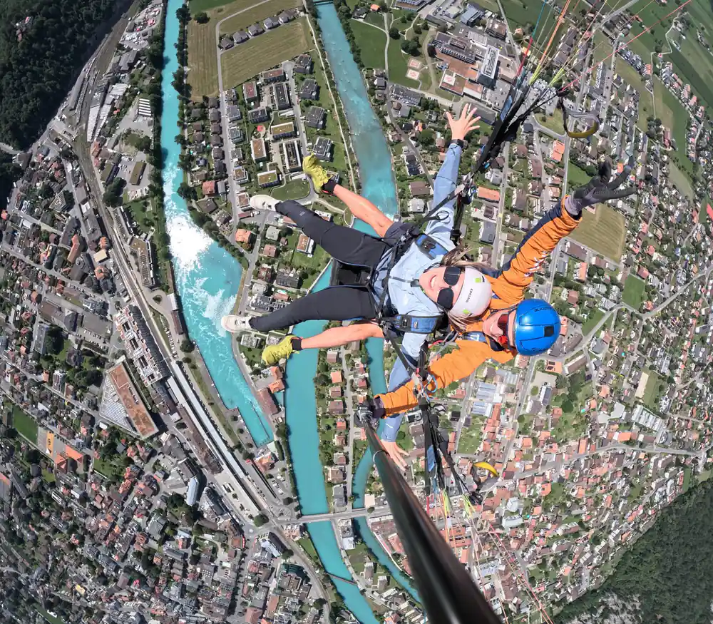Straight down onto the river running through the town